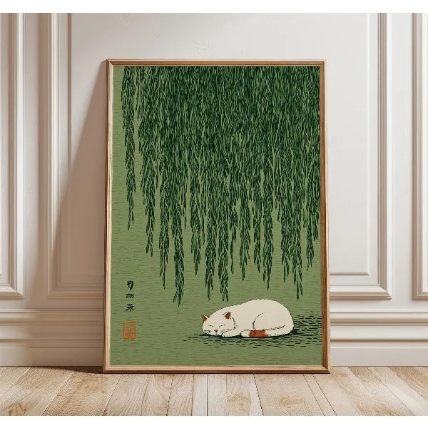 Japanese Cat & Willow Lily Pond Canvas Wall Art Print
