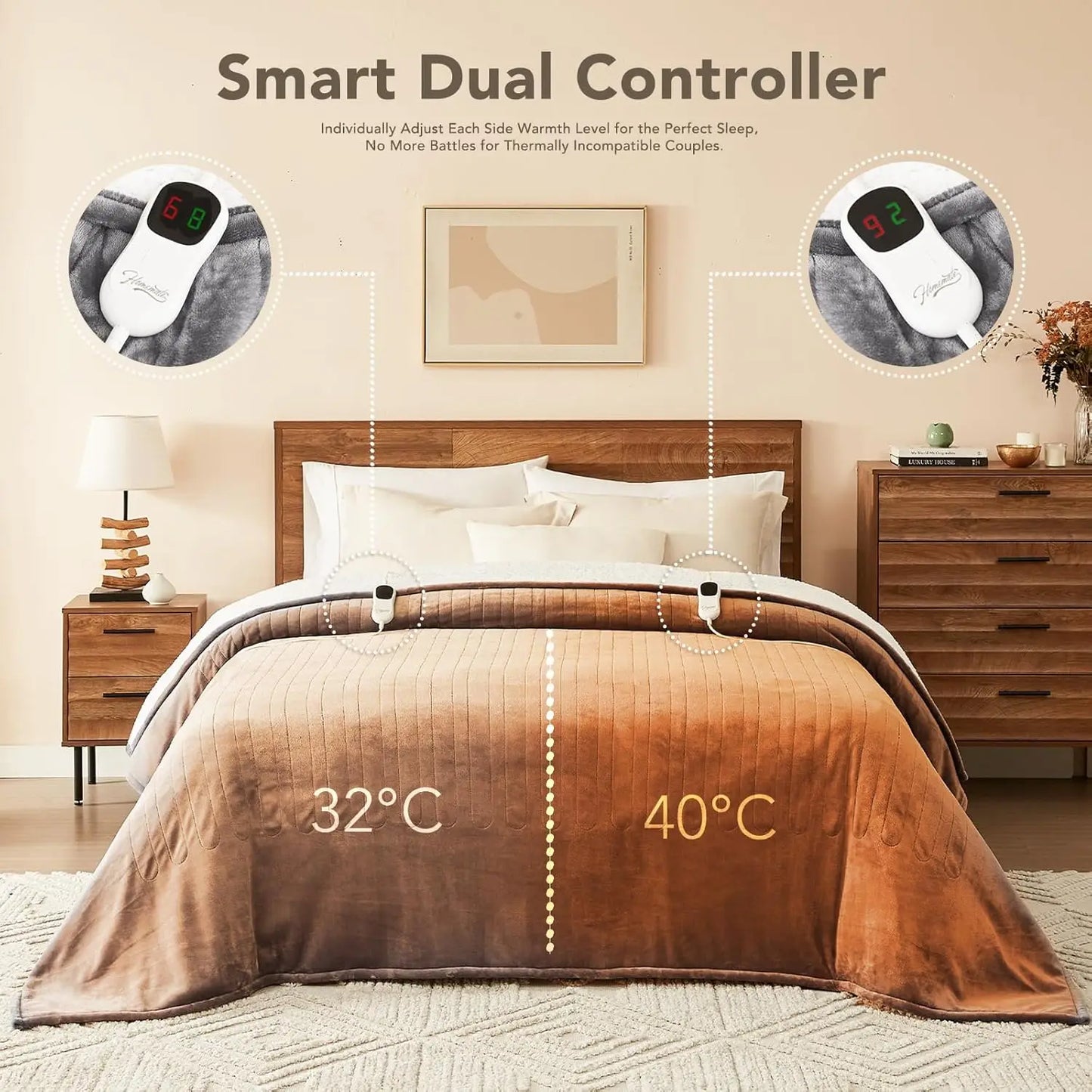 Smart dual controller blanket with temperature display in a bedroom setting