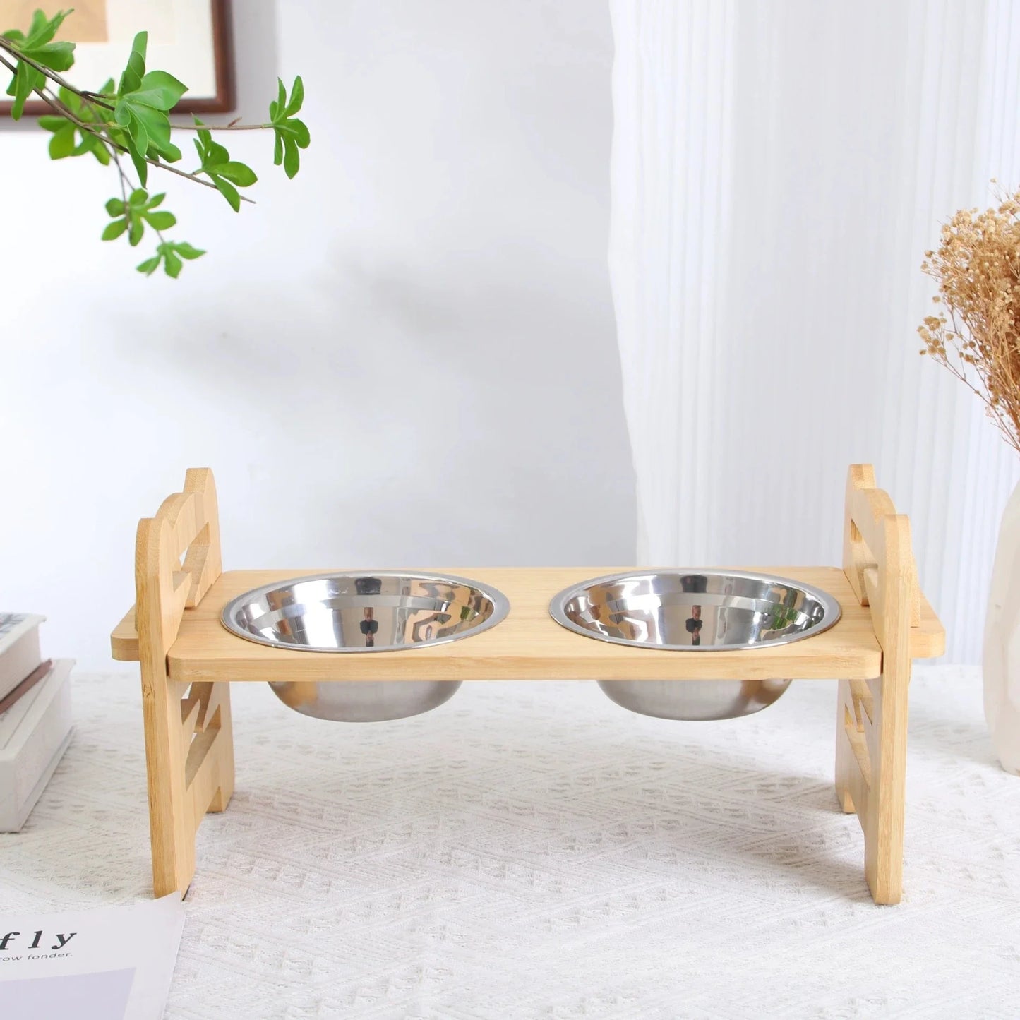 Elevated Cat Bowls | Adjustable Bamboo Stand & Stainless Steel