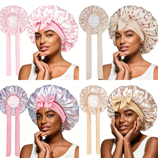 Beige Cherry Satin Sleep Bonnet – Lace-Up Hair Care Night Cap Satin Sleep Bonnet Peaceful Pleasures Health and Wellness