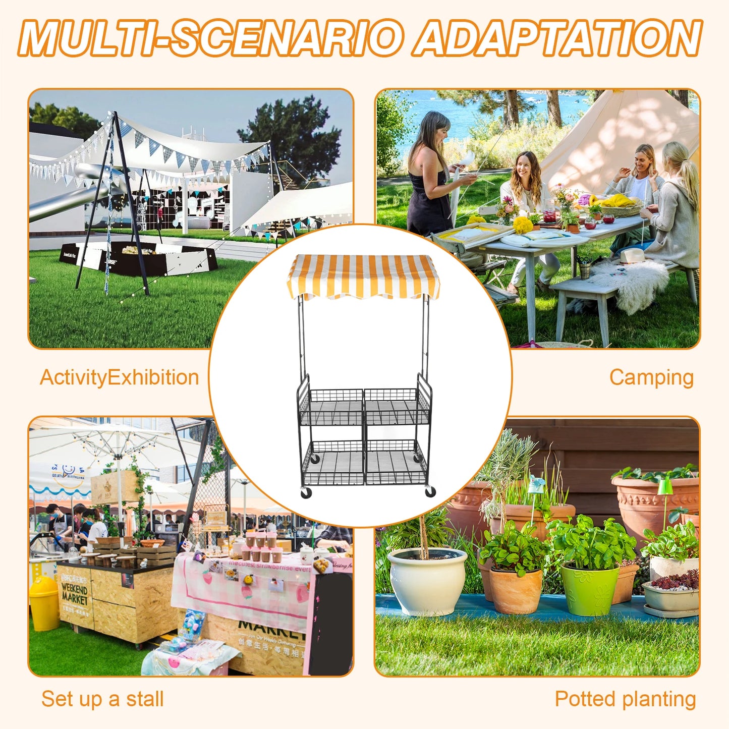 Foldable Mobile Vending Cart with Canopy – Outdoor Market Stall Vending Cart Peaceful Pleasures Health and Wellness