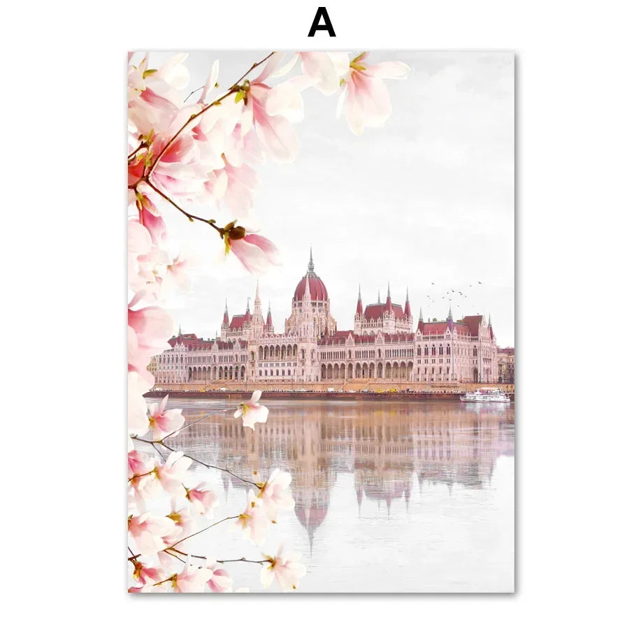 Pink Floral Nordic Canvas Wall Art Print | Cherry Blossom Décor