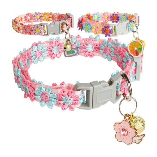 Floral Bell Cat Collar – Adjustable Lace Embroidery for Cats & Dogs Pet Collar Oasis Select
