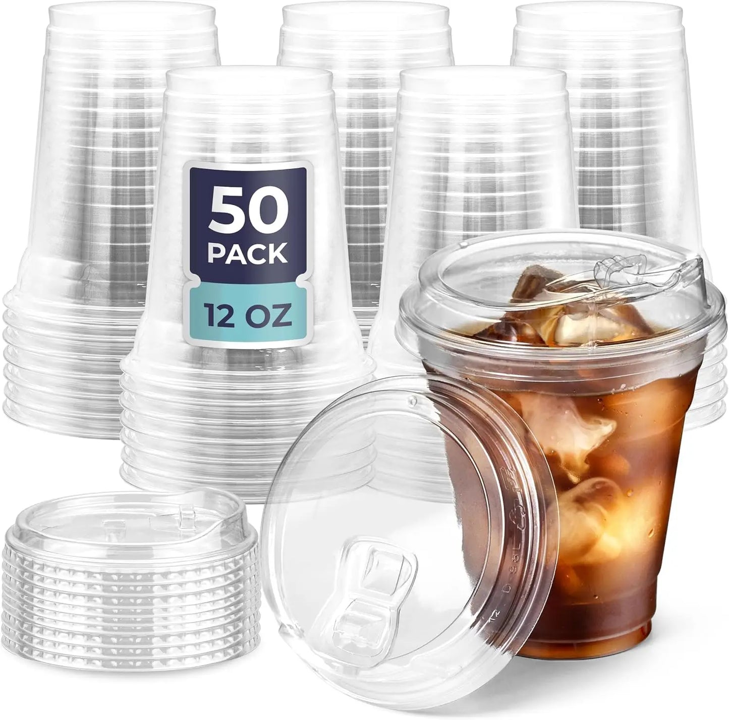 12OZ Clear Plastic Cups with Lids To Go Crystal Clear Disposable Plastic Cups with Straw for Iced Coffee Smoothies Soda Lemonade Peaceful Pleasures Health and Wellness Sip Lid 50pcs