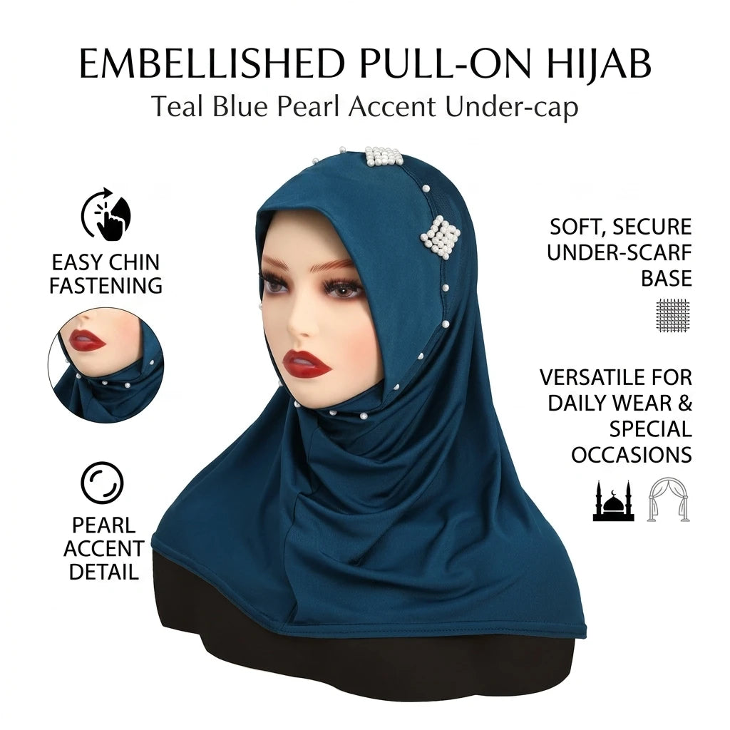 Women's Pearl Embellished Hijab Hat Elastic Fabric Chin Strap Muslim Base Cap Peaceful Pleasures Health and Wellness