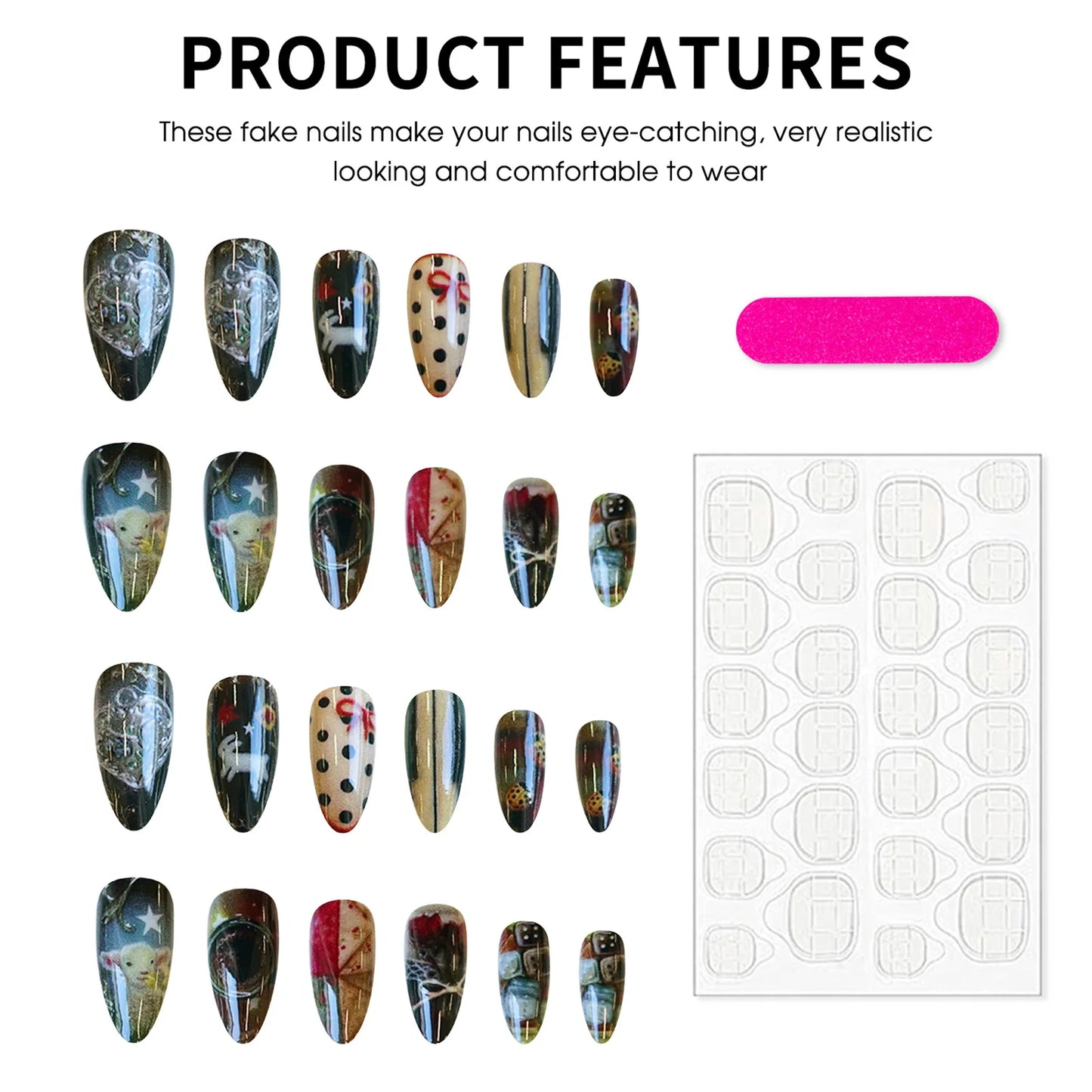 24pcs Retro Style Fake Nails Romantic Date False Nails Cute Sheep Rose Printed Press On Nails For Women Girls Party Wedding Gift Peaceful Pleasures Health and Wellness