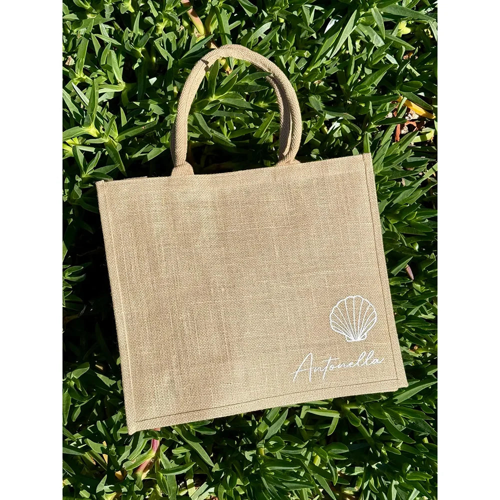 Custom Seashell Burlap Bridesmaid Tote | Beach Wedding Bag