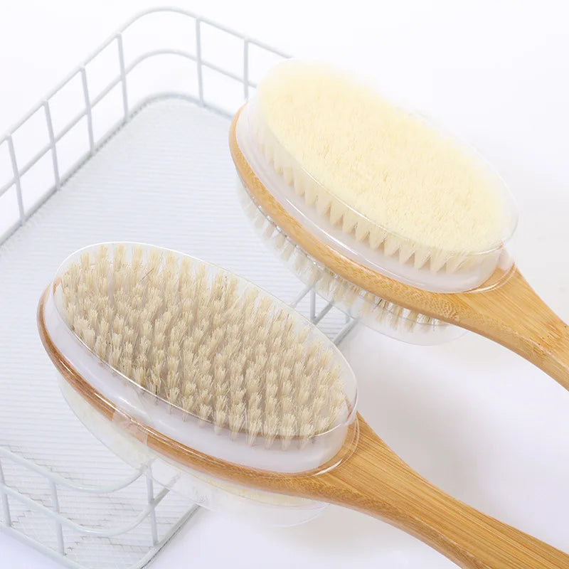 Shower brush with soft and hard bristles, double sided long handle, back scrub body exfoliator, suitable for both wet and dry us Peaceful Pleasures Health and Wellness