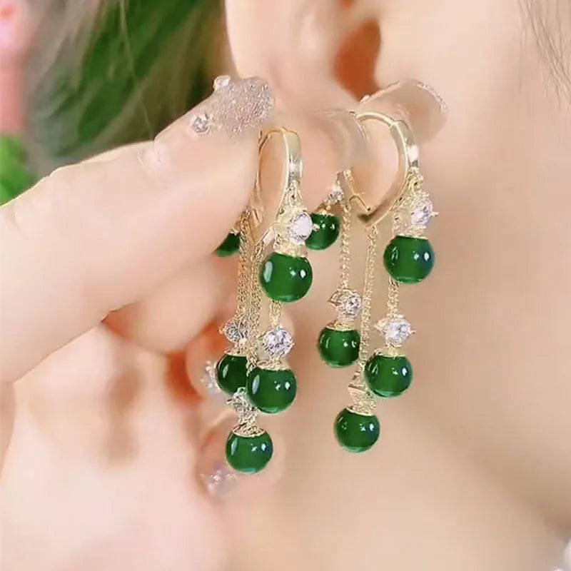 New Fashionable Niche Design, Emerald Cat Eye Stone Ear Buckle, Women's Temperament Earrings, Tassel Long Earrings Peaceful Pleasures Health and Wellness