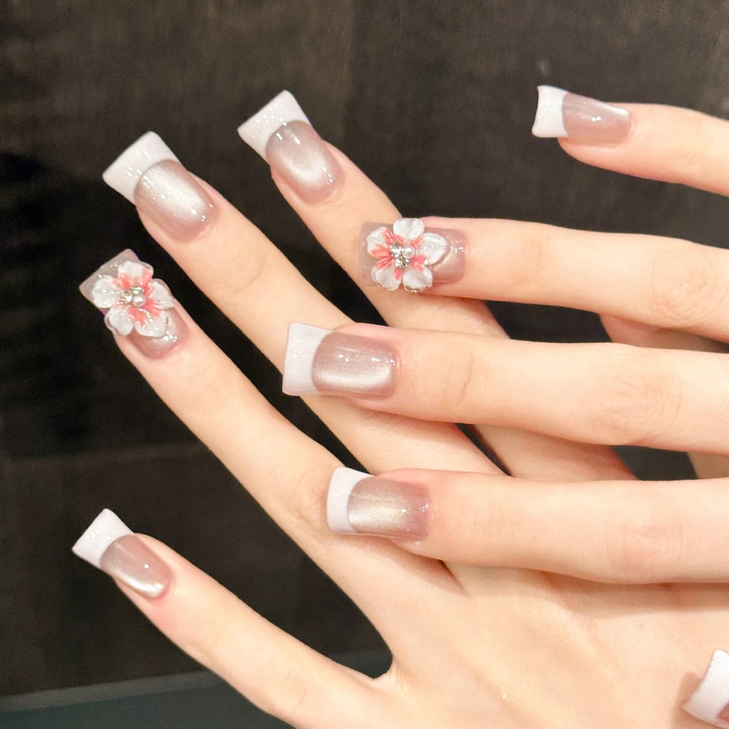 10pcs Duckbill Handmade Press On Nails Ice Through Cat's Eye False Nail With 3D Flower Decor Wearable Elegant Pink French Tips Peaceful Pleasures Health and Wellness L