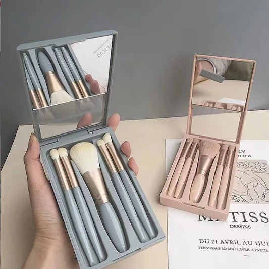 5Pcs Portable Makeup Brush Set with Mirror - Foldable Travel Kit ，Mini Makeup Brush Set Travel Makeup Brush Set Peaceful Pleasures Health and Wellness