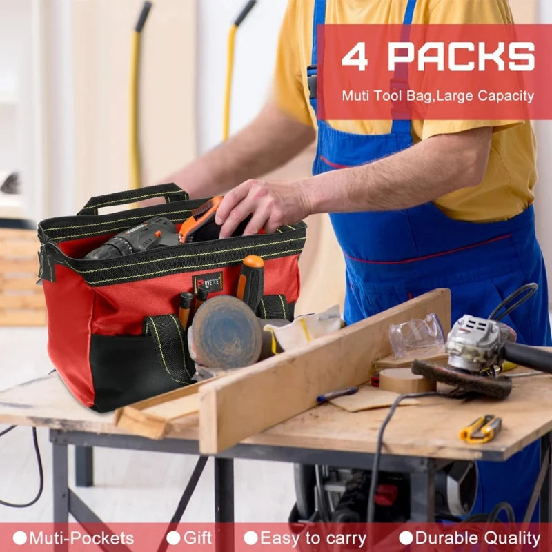 13in Heavy-Duty Tool Bag Waterproof Molded Base Multi-Pocket Wide-Mouth Organizer Large Capacity Storage Backpack Porta Tools Peaceful Pleasures Health and Wellness