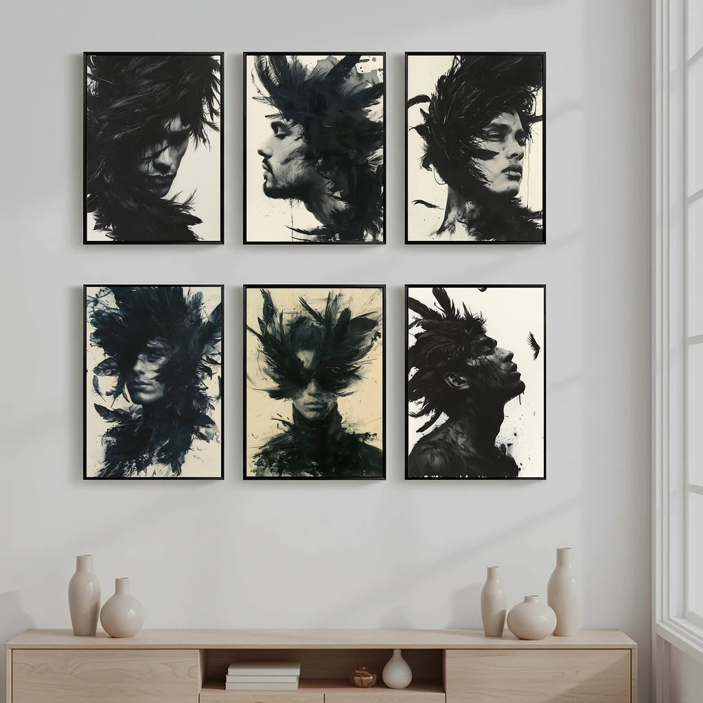 Black & White Feathers Man Canvas Wall Art | Modern Abstract Canvas Wall Art Peaceful Pleasures Health and Wellness