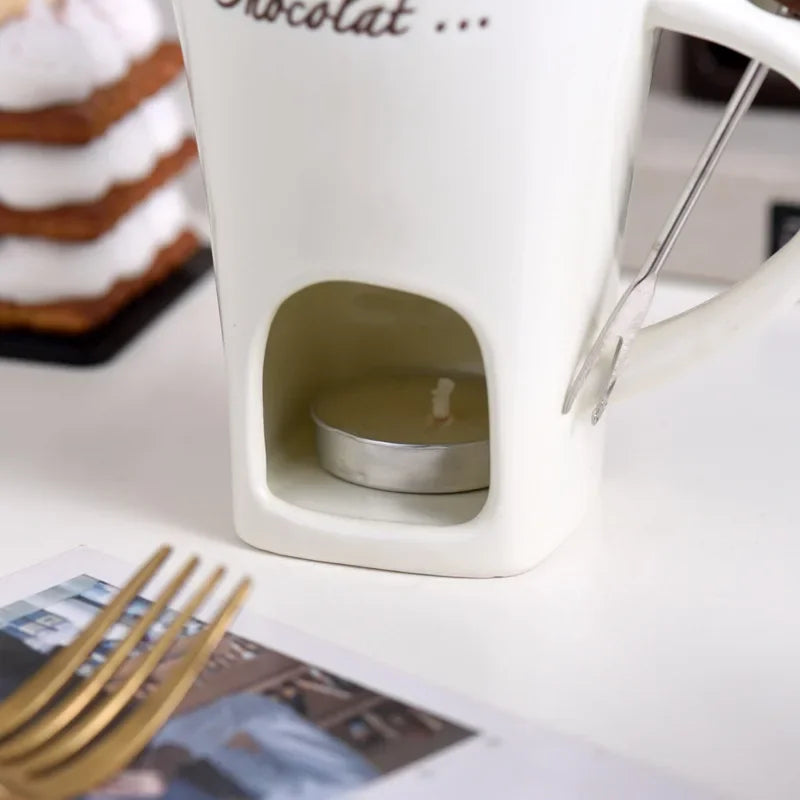 130ML European Candle Cup Cheese Chocolate Melting Ceramic Mug Heating Food Ceramic Mug with Fork Creative Coffee Mug Tableware Peaceful Pleasures Health and Wellness