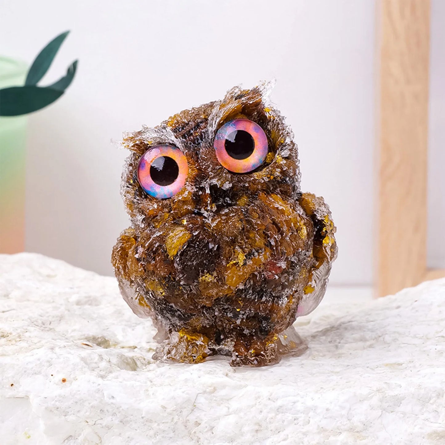 Crystal Owl Figurine – Amethyst & Rose Quartz Resin Ornament
