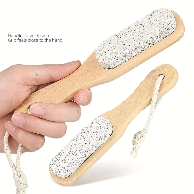 1pc Scrub Pumice Stone Foot Callus Remover Manual Scrubber Wooden Handle Natural Wood Design Durable Foot Care Tool Peaceful Pleasures Health and Wellness WHITE