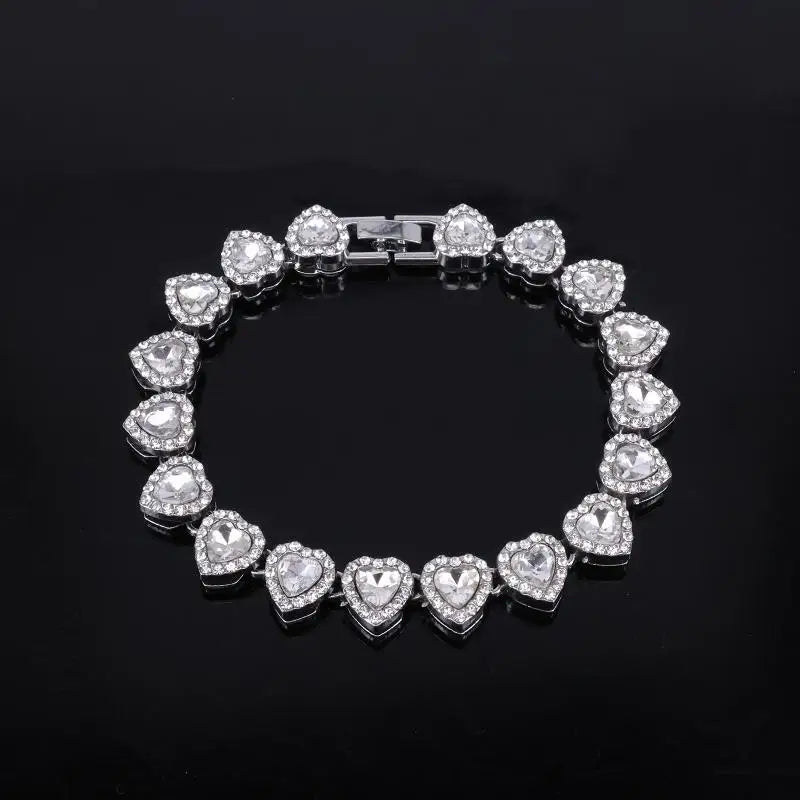 Hip Hop Tennis Chain Necklace – CZ Rhinestone Heart, 45cm