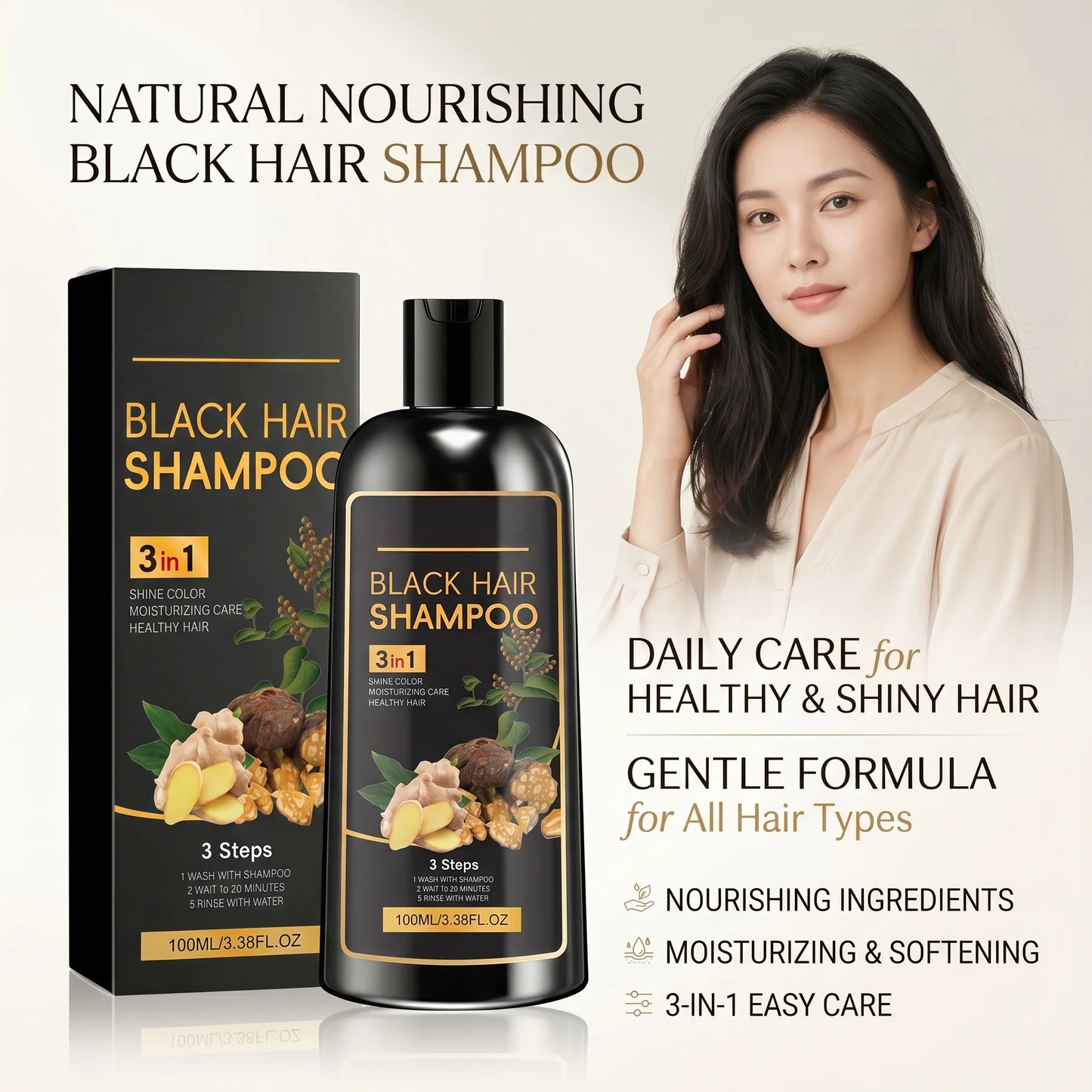 Natural Plant-Based Hair Coloring Shampoo Moisturizing Coverage Gray Hair Long-Lasting Black Color 3 in 1 Black Hair Dye Shampoo Peaceful Pleasures Health and Wellness