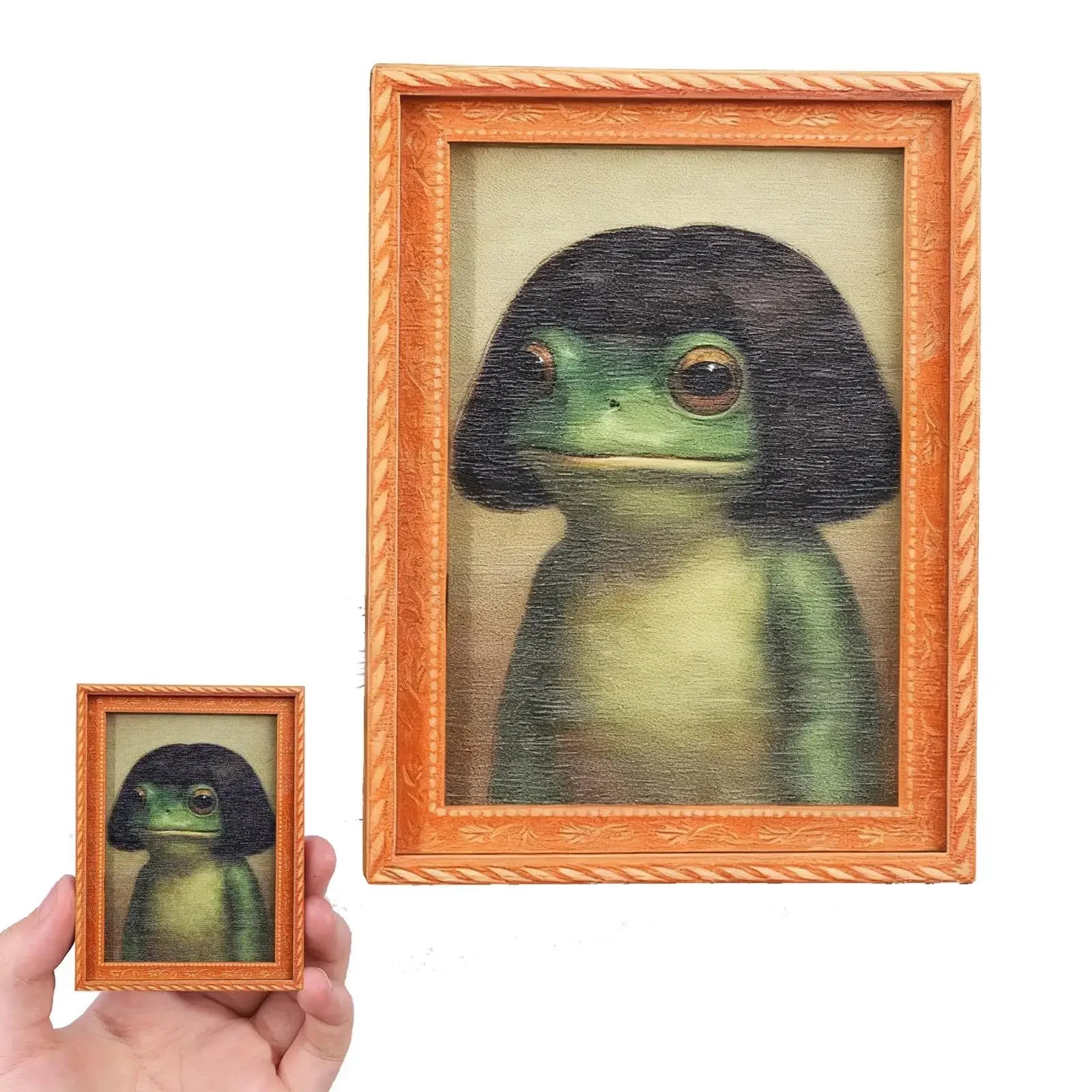1pc Mini Wooden Photo Frame Frog Fridge Magnet Funny Green Frog & Haircut Design Creative Refrigerator Decor for Home Office Peaceful Pleasures Health and Wellness