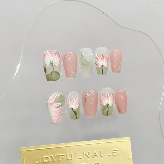 YADORNOS Lotus Press On Nails | Chinese Floral Pink Fake Nails Press On Nails Peaceful Pleasures Health and Wellness