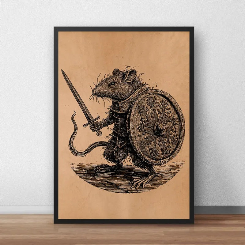 Antique Style Cat UFO Abduction Alien Medieval Knight Mouse Illustration Poste Canvas Painting Wall Art Pictures Home Decor Peaceful Pleasures Health and Wellness