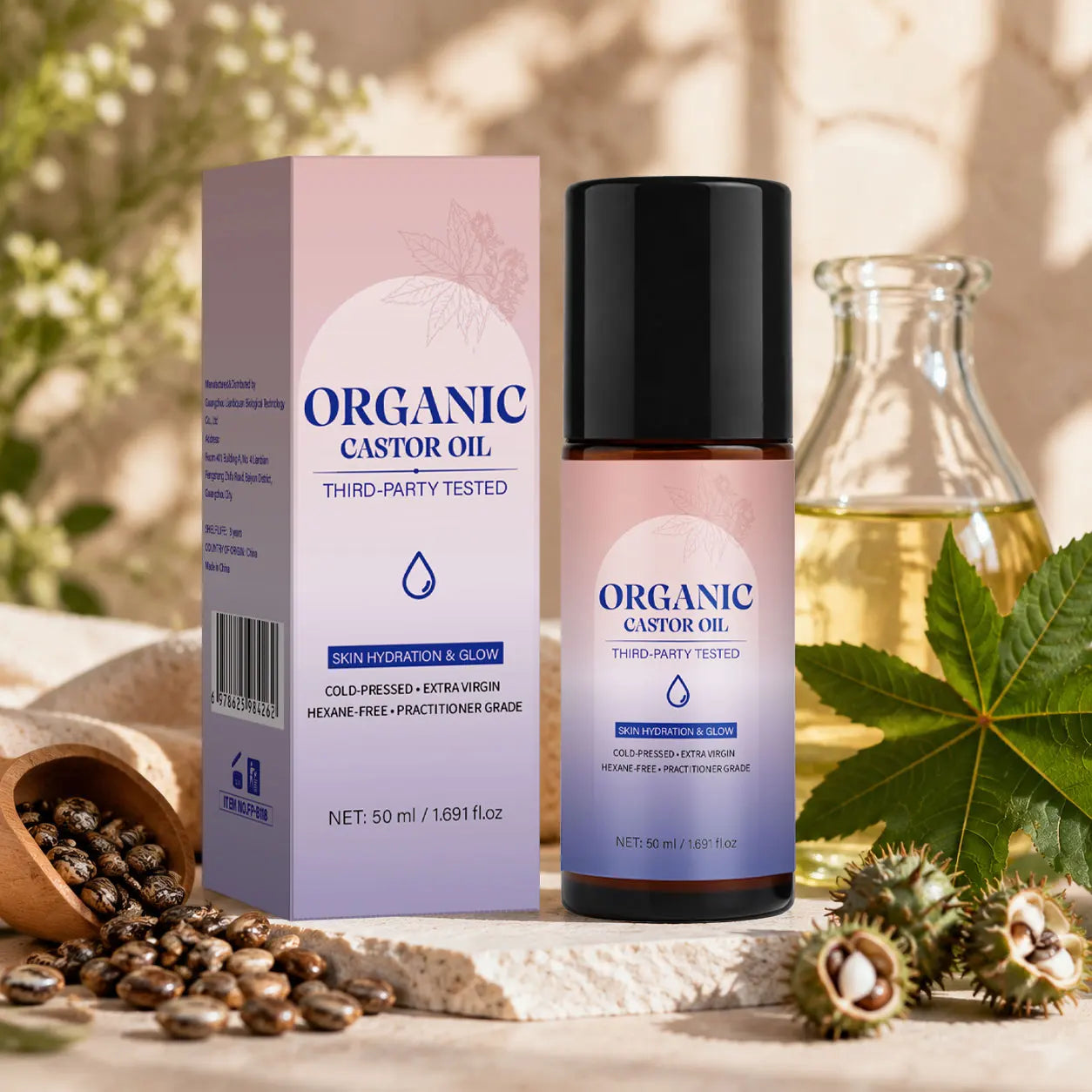 Organic Castor Oil Roll-On,for Skin, Brows & Lashes,Skincare Oil for Skin Hydration & Glow,Moisturizer for Radiant Skin,50ml Peaceful Pleasures Health and Wellness