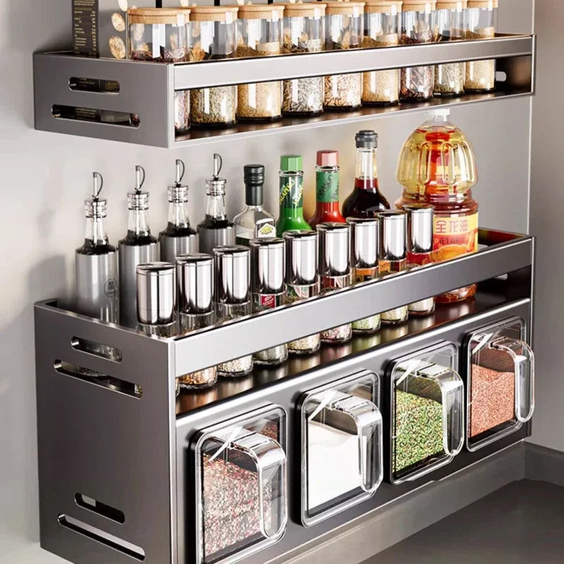 Wall Mounted Stainless Steel Spice Rack | No-Drill Kitchen Organizer