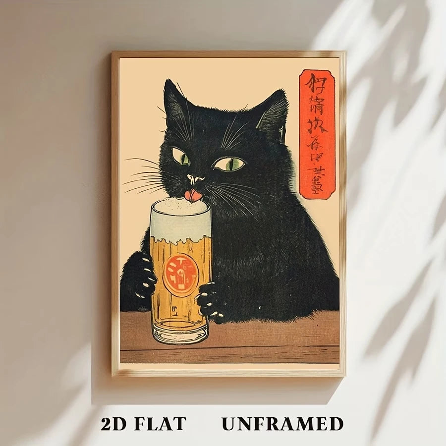 Retro Japanese Black Cat Canvas Wall Art Print | Home Decor