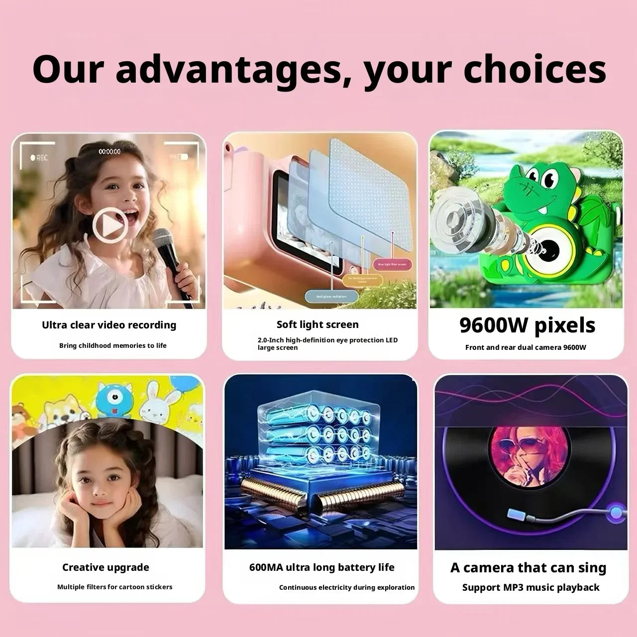Green Dinosaur Design Kids Digital Camera HD Dual Lens High Pixel Mini Portable Photo Video Camera Children Educational Toy Gift Peaceful Pleasures Health and Wellness