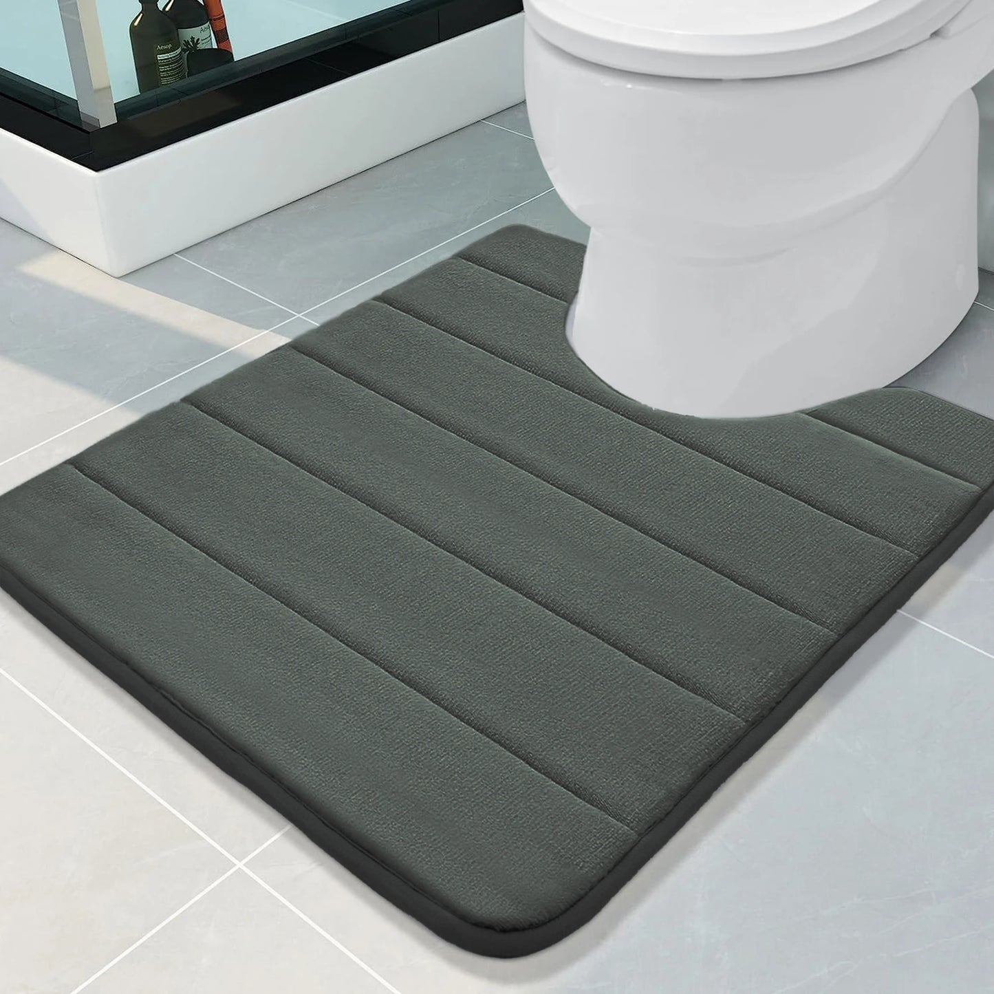 U-Shape Bathroom Mat 50x60CM Ultra Absorbent Memory Foam Bath Mat Non-Slip Toilet Mat for Bathroom Floor Home Decoration Peaceful Pleasures Health and Wellness Dark Grey 500MMx600MM
