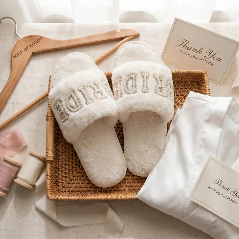 Bride Pearl Letters Fluffy Slippers | Bridal Wedding Gift Bridal Fluffy Slippers Peaceful Pleasures Health and Wellness BRIDE S