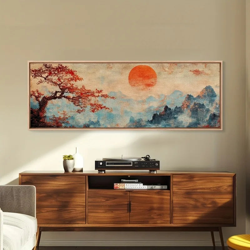 Vintage Japanese Landscape Canvas Art | Sunset Maple Mountain Canvas Wall Art Peaceful Pleasures Health and Wellness