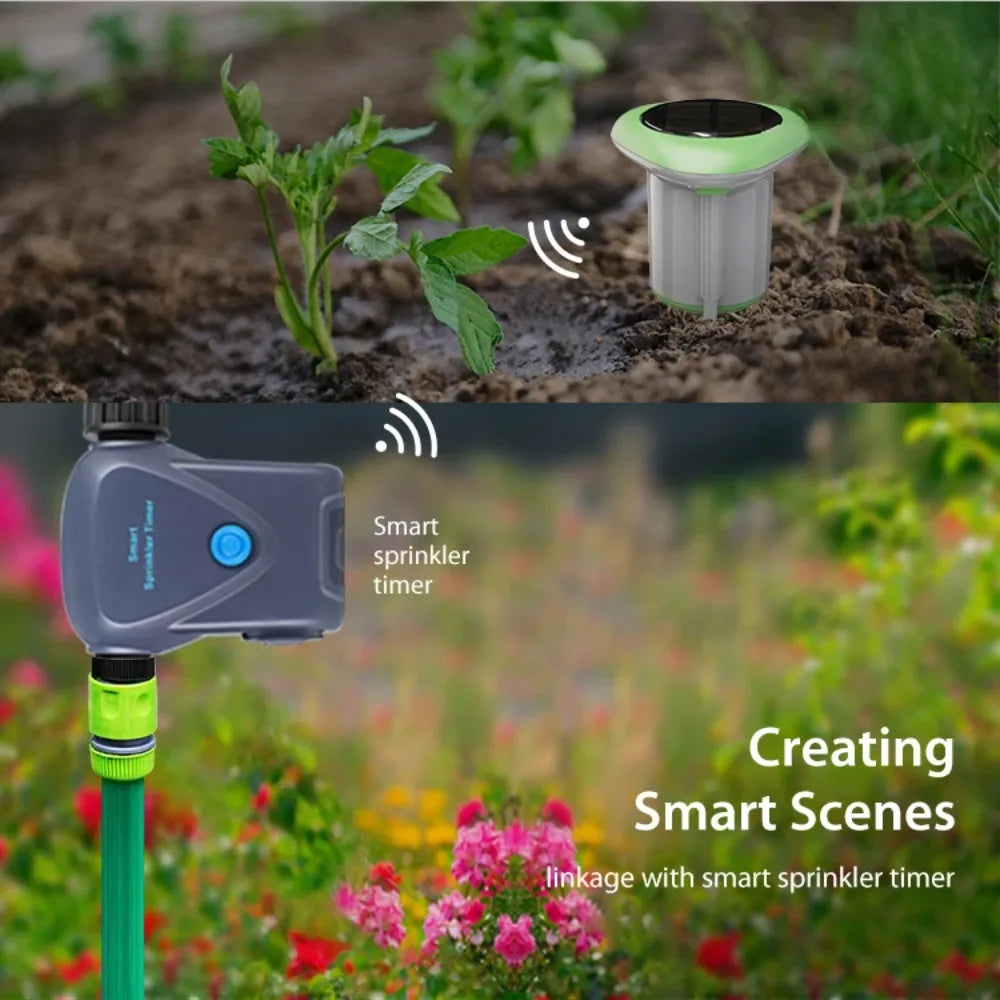 Smart WiFi Solar Soil Tester Moisture Temperature Humidity Sensor Meter Tuya APP Timer Monitor with Battery for Garden Lawn Peaceful Pleasures Health and Wellness