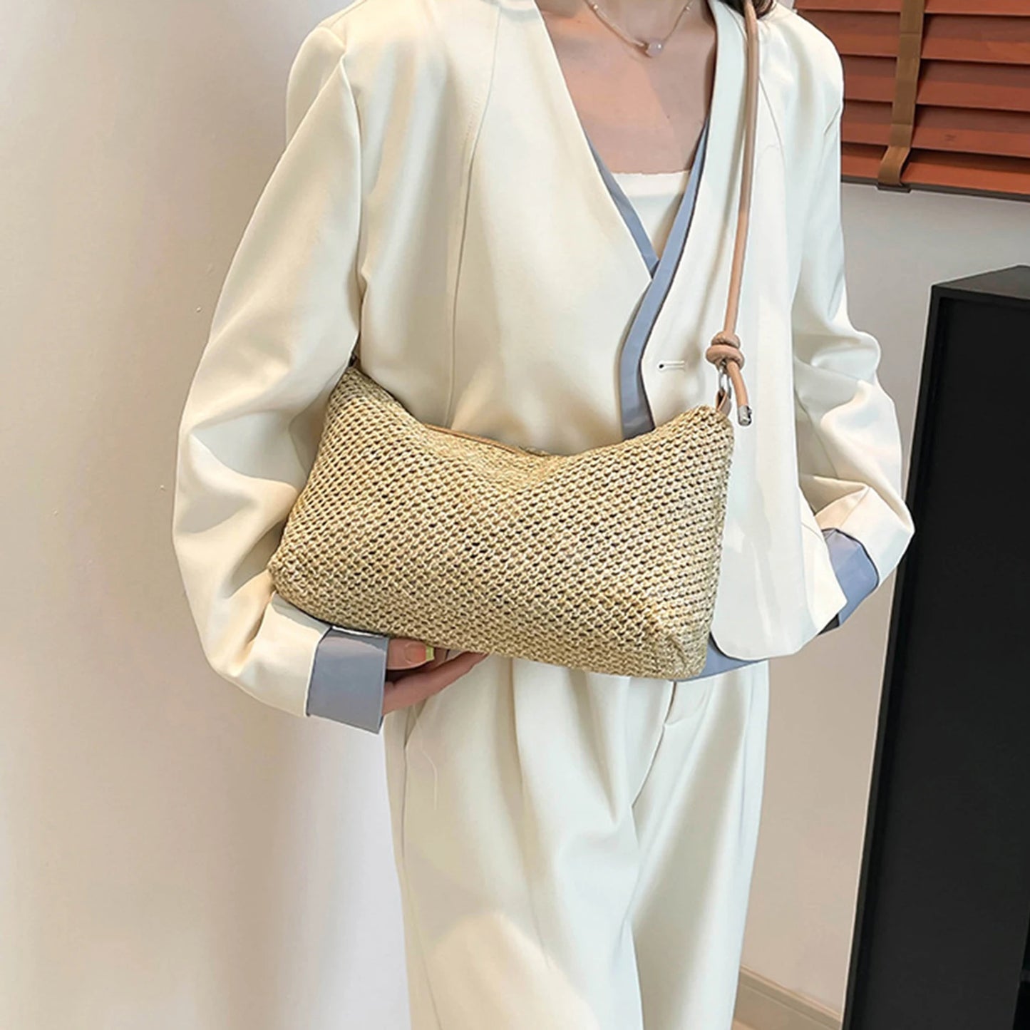 Women Straw Shoulder Bag Lightweight Casual Summer Handbag with Adjustable Strap Peaceful Pleasures Health and Wellness