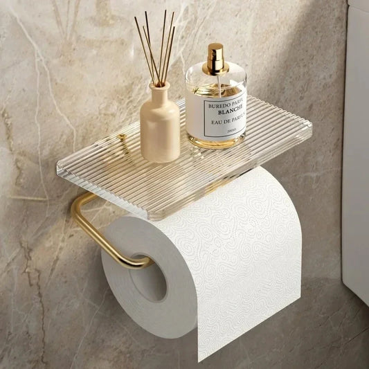 Gold Toilet Paper Holder with Shelf – No-Drill Acrylic Design Toilet Paper Holder Peaceful Pleasures Health and Wellness Gold