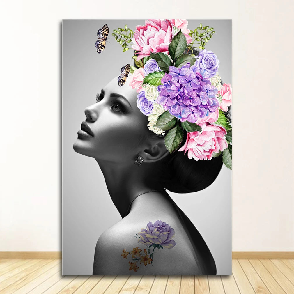 Nordic Floral Woman Canvas Wall Art | Scandinavian Abstract Print