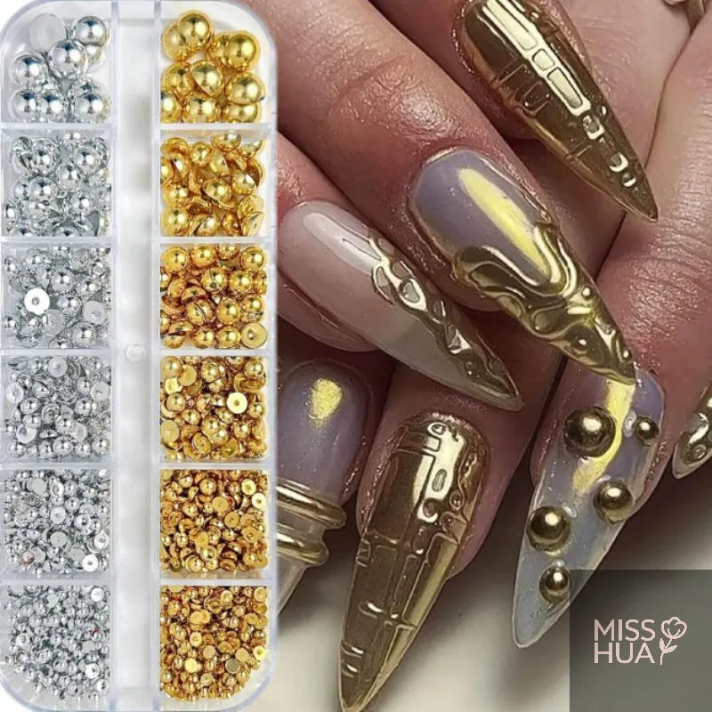 12-Grid Pearl Nail Charms Set – Gold & Silver Semi-Circular