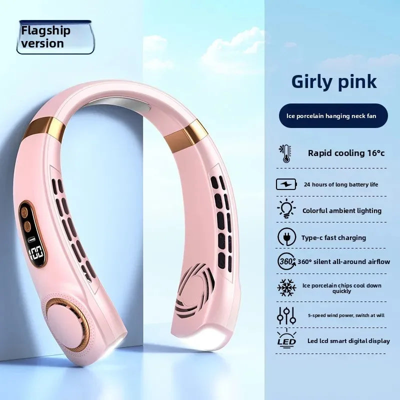 Neck Fan Rechargeable Personal Skincare Portable Fan Battery Operated Hands Free Wearable USB Neck Cooling Fan forIndoor Outdoor Peaceful Pleasures Health and Wellness A Pink
