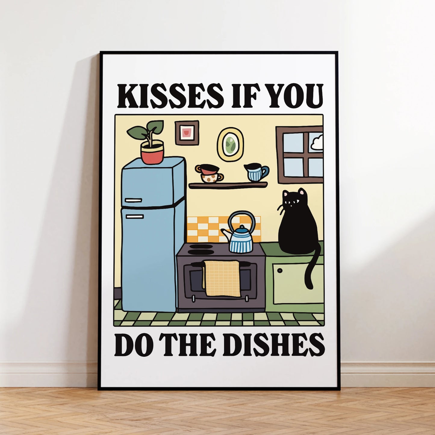 Funny Cat "Kisses If You Do The Dishes" Canvas Wall Art