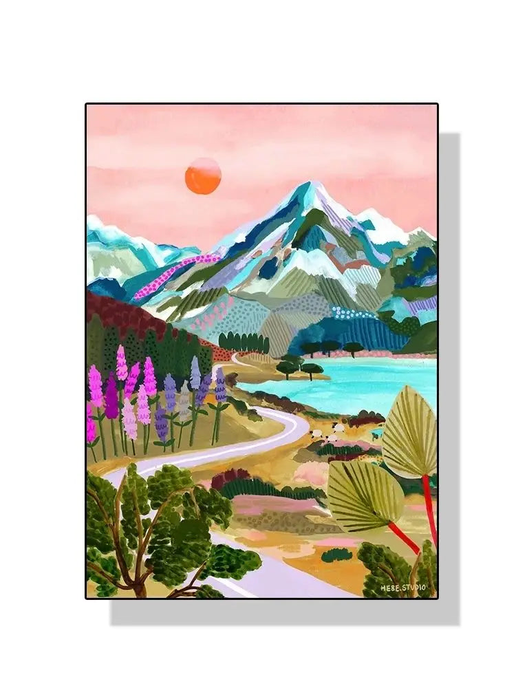 Nordic Flowers Mountain Lake Colorful Nature Landscape Travel Poster Canvas Print - Abstract Wall Art for Room Home Decor Peaceful Pleasures Health and Wellness 12 20x30cm Unframed