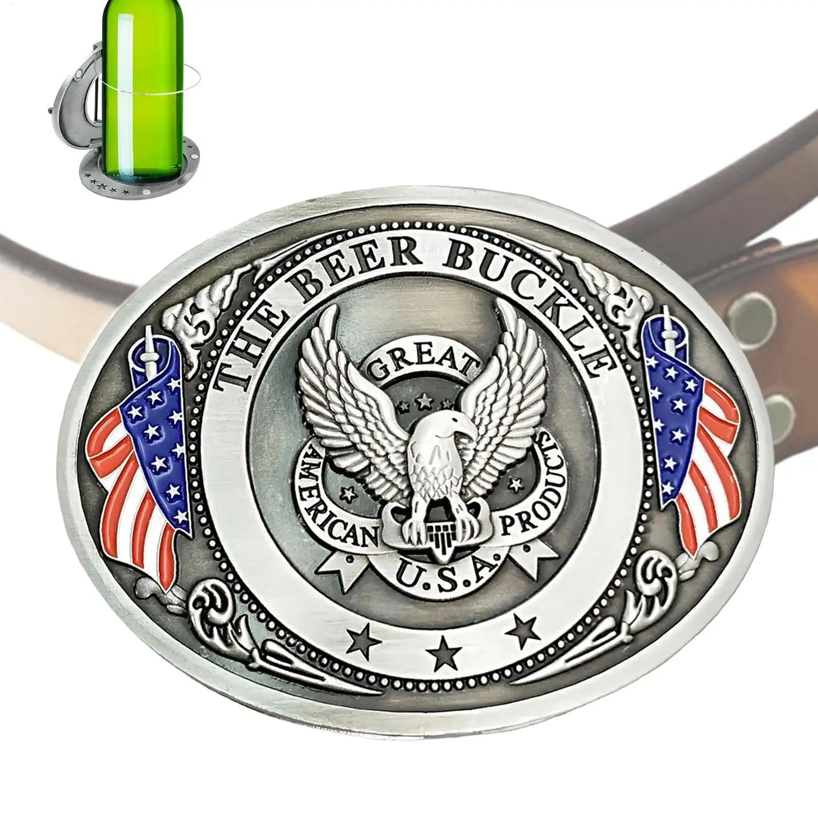 Belt Buckle Beer Holder for Men Vintage Eagle Bull Head American Flag, Metal Cup Holder for Beer Soda Can Water Bottle Party Peaceful Pleasures Health and Wellness