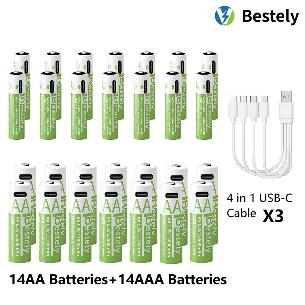 1.5V AA 13600mAh + AAA 6800mAh Rechargeable Lithium Battery Set with USB-C Fast Charging Type C Cable Peaceful Pleasures Health and Wellness 14AA 14AAA