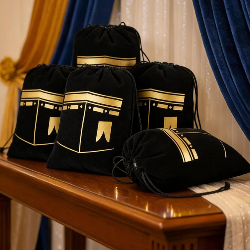 5-Pack Eid Mubarak Black Velvet Drawstring Gift Bags | Ramadan