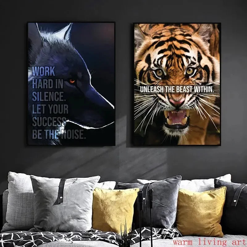 Mindset Is Everything Canvas Wall Art | Lion Wolf Tiger Poster