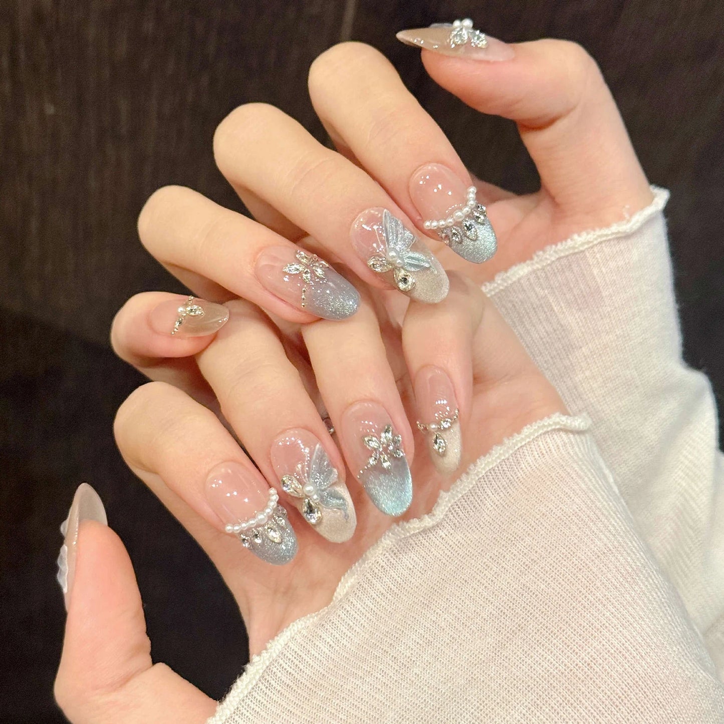 10pcs Handmade Press on Nails Pink Butterfly Design Fake Nails Wearable Reusable Glitter Cat Eye Sweet Korean False Nail Tips Peaceful Pleasures Health and Wellness L 3