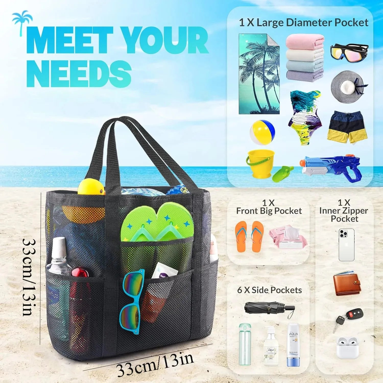 Mesh Beach Bag Large Initial Tote Bags Reusable Grocery Bags Foldable for Women Pool Swim Travel Vacation Essentials Peaceful Pleasures Health and Wellness