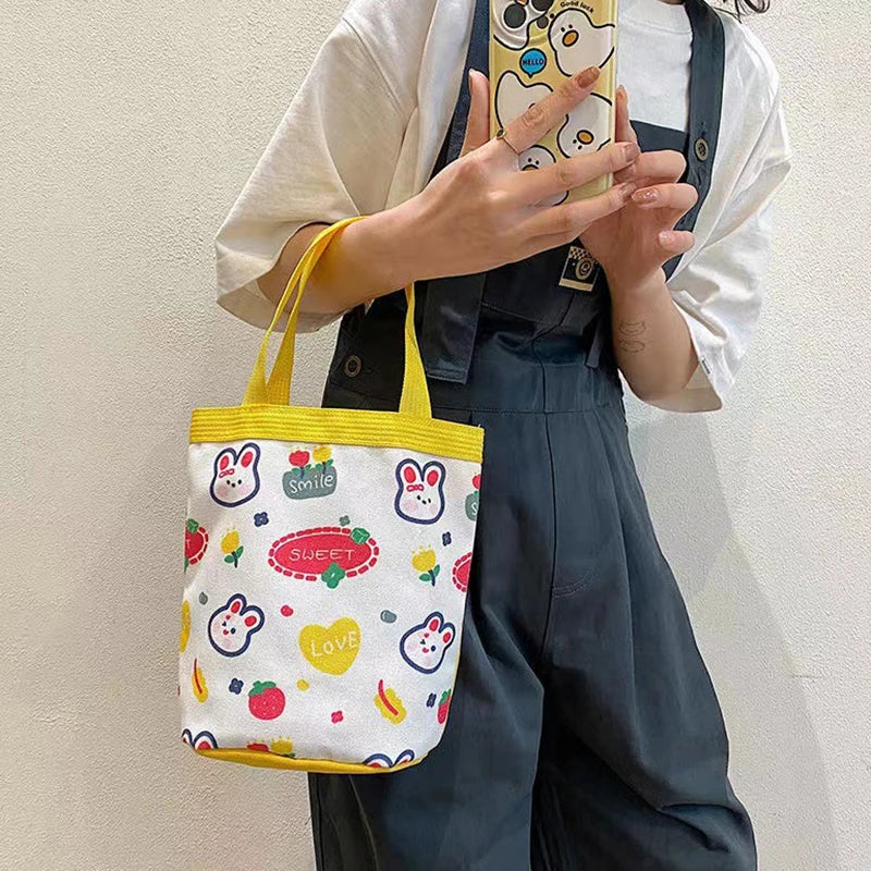 Cute Animal Doodle Canvas Bucket Bag | Cylindrical Lunch Tote