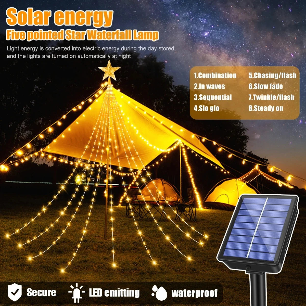 Solar Star Waterfall Fairy Lights – 250 LED Waterproof Garden Decor