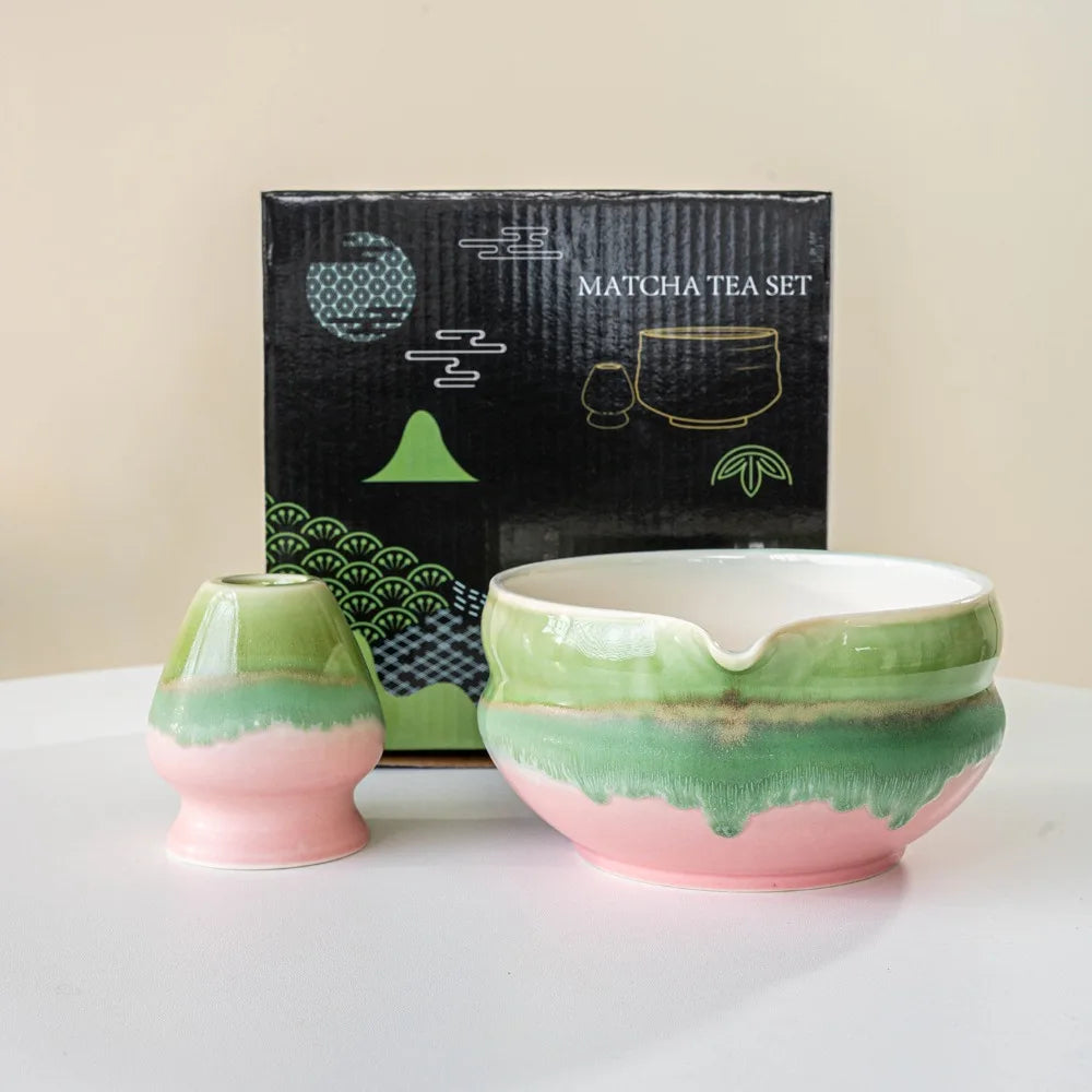 Ceramic Matcha Bowl with Pouring Spout & Whisk Holder Set