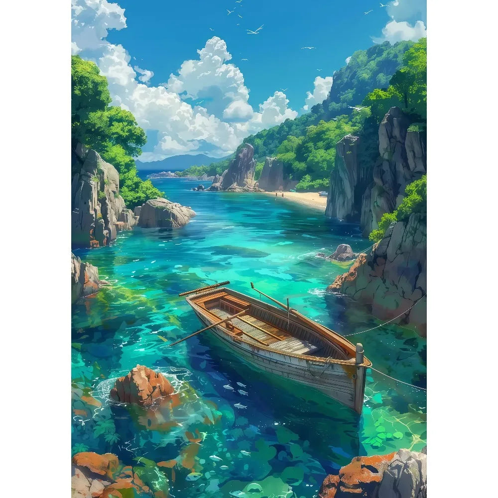 Anime Summer Landscape Canvas Wall Art | Beach Forest Cabin
